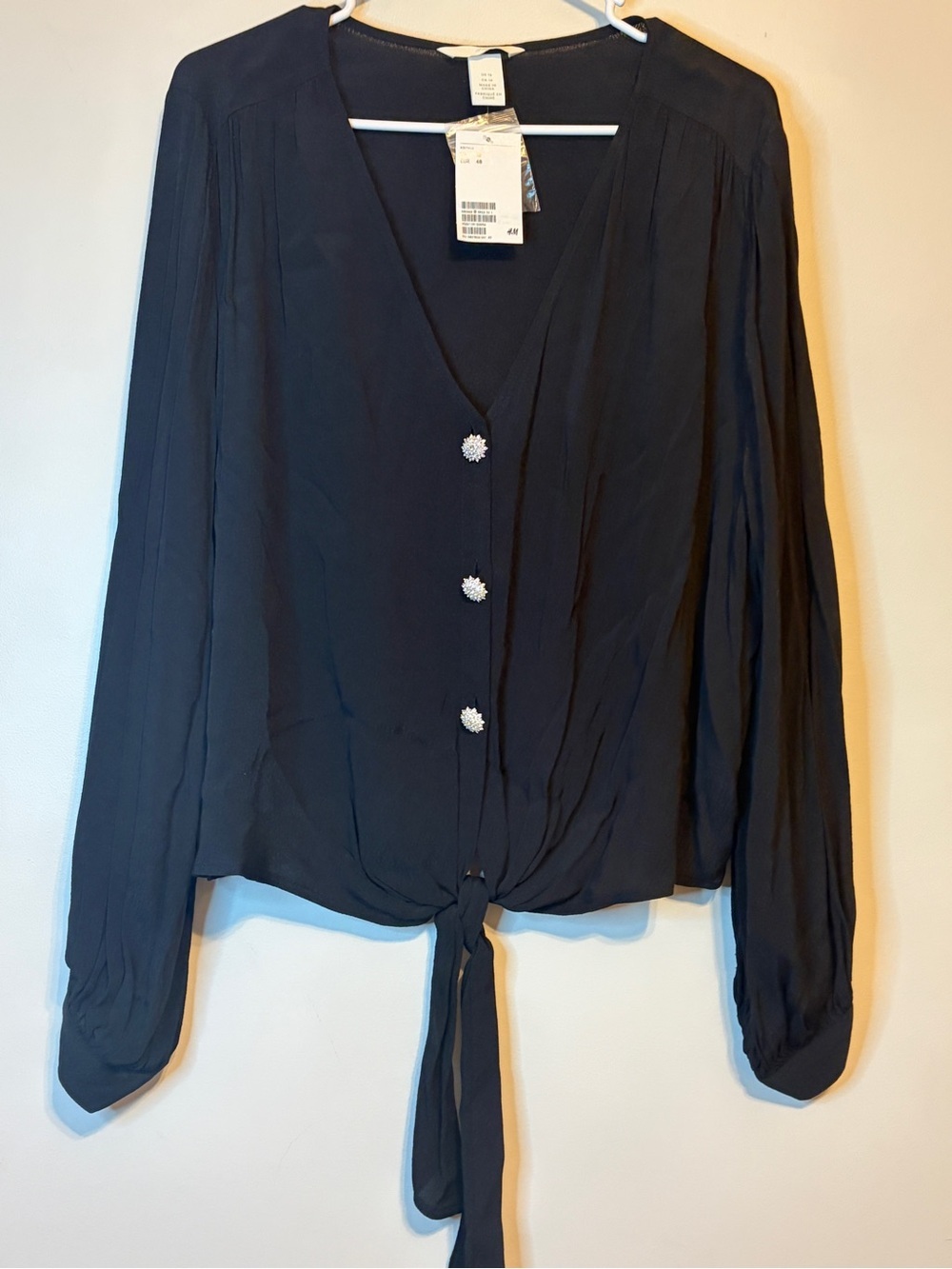 H&M Dark Navy V-Neck Tie-Front Blouse with Decorative Buttons